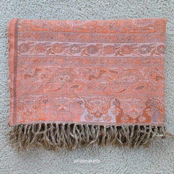 NWOT 100% Wool Jacquard Scarf Coral/Soft Orange - Picture 14 of 14